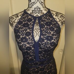NW‎ Nightway Navy Blue Lace & Sequin Sparkly Cocktail Dress Sz 8